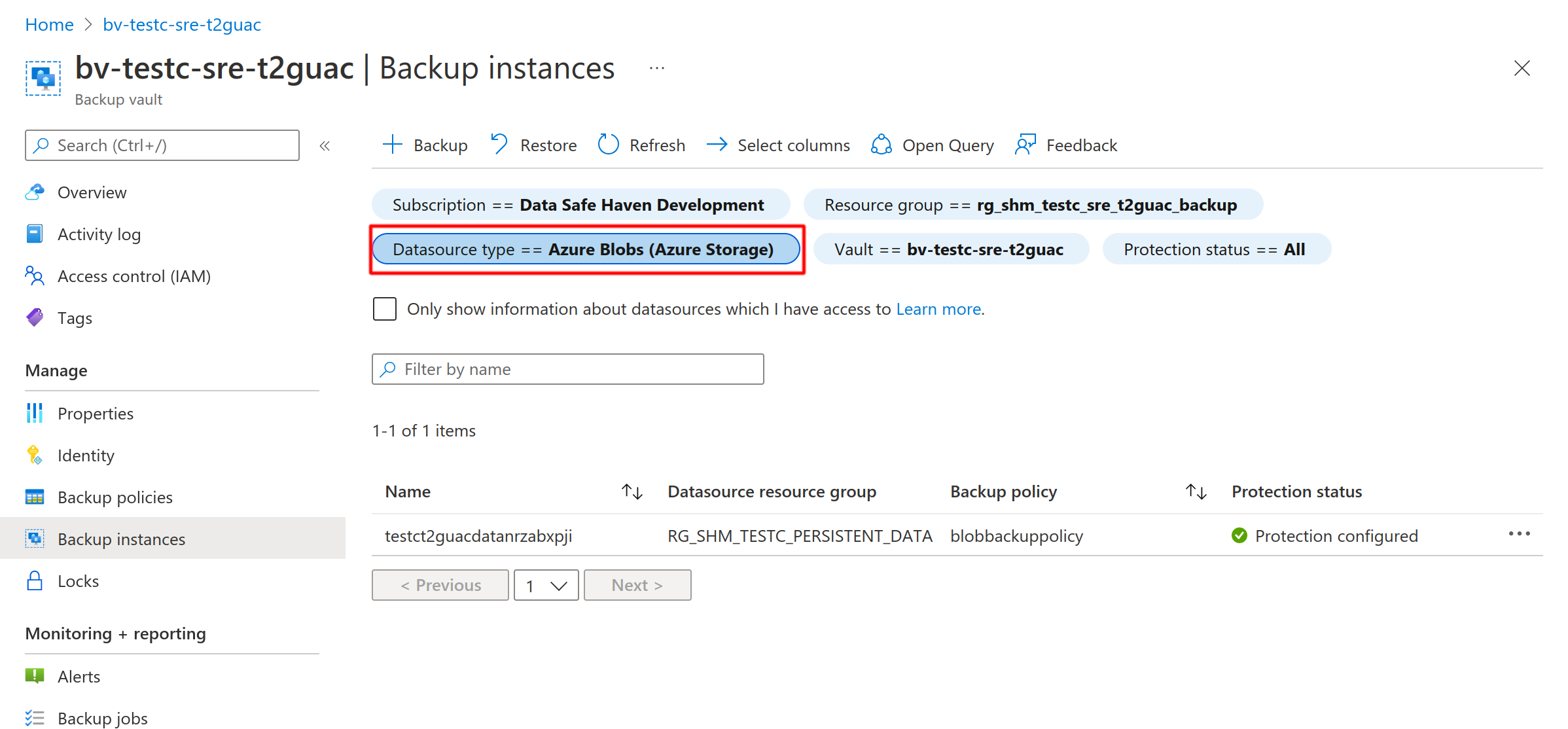 Selecting blob backup instances