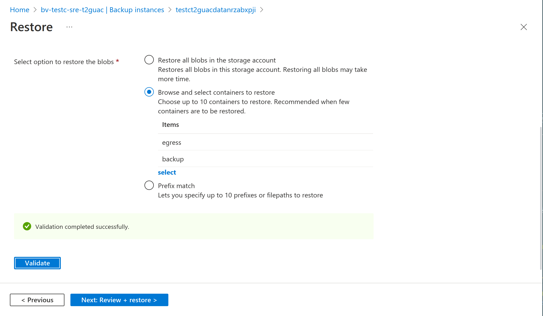 Selecting blob containers to restore and validating