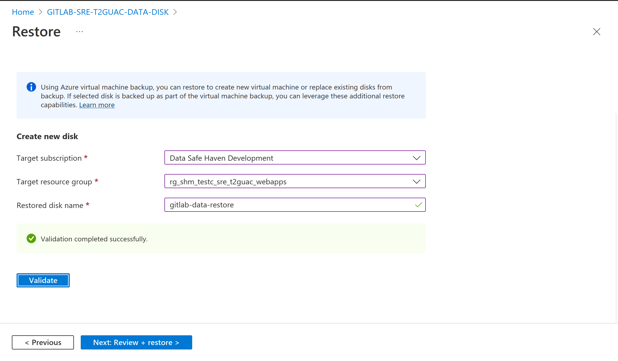 Configuring and validating disk backup