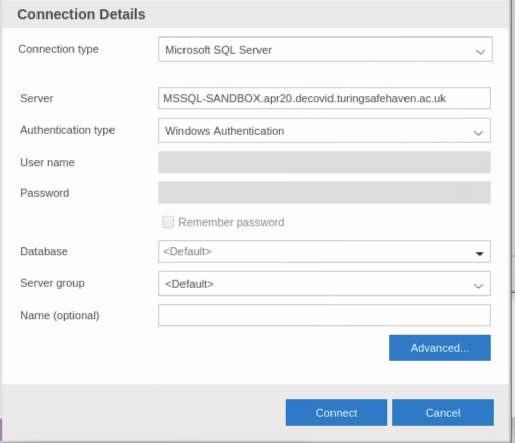Azure Data Studio connection details