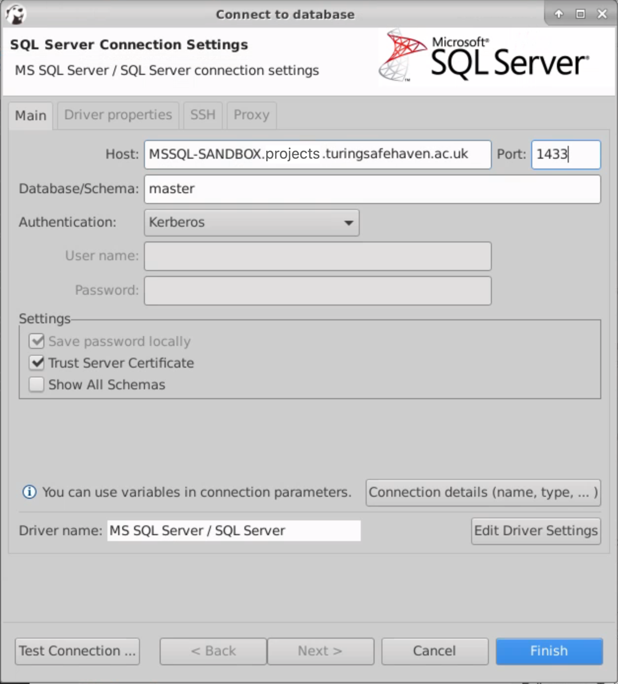 DBeaver connection details for Microsoft SQL